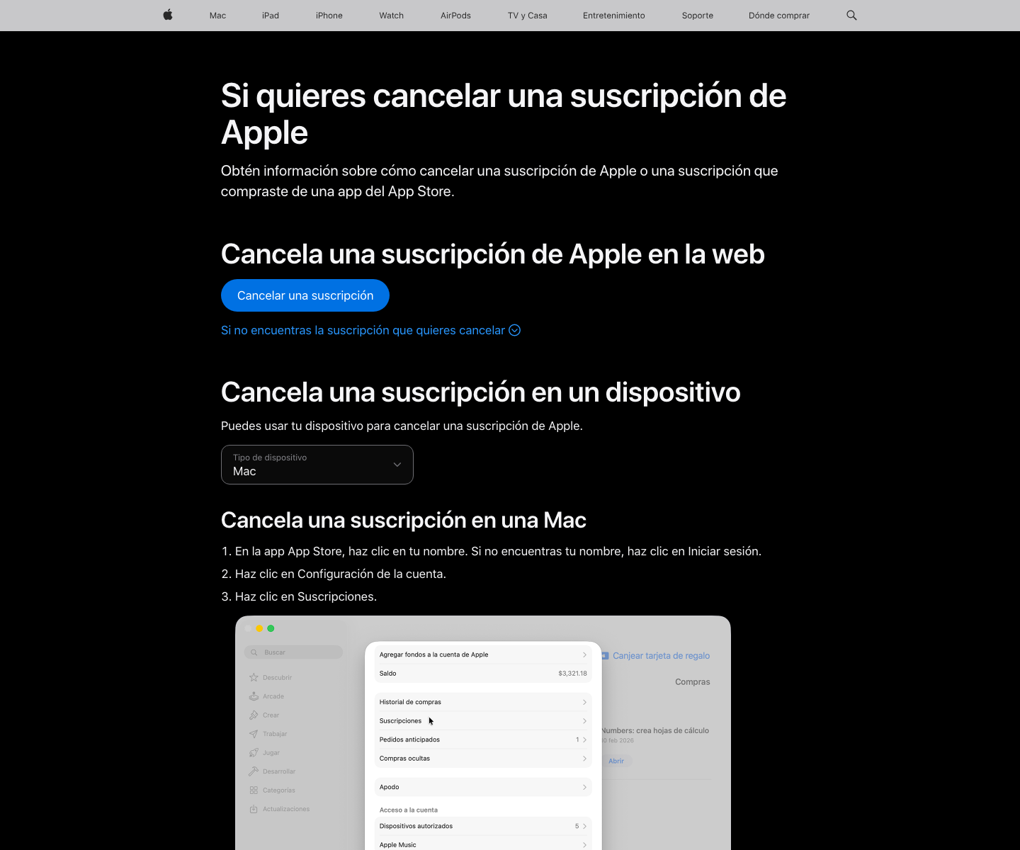 Ayuda oficial de Apple en español sobre cancelación de suscripciones