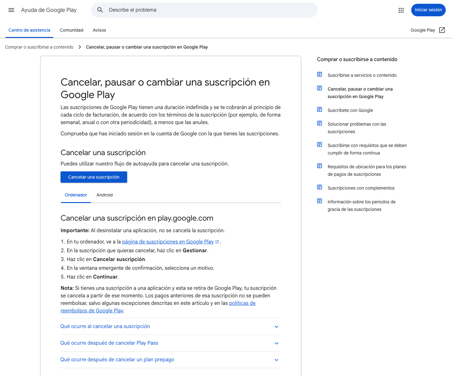 Ayuda oficial de Google Play en español sobre suscripciones