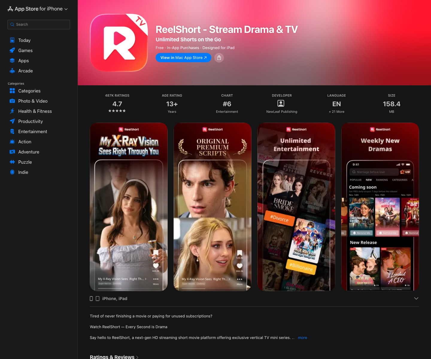Ficha oficial de ReelShort en App Store